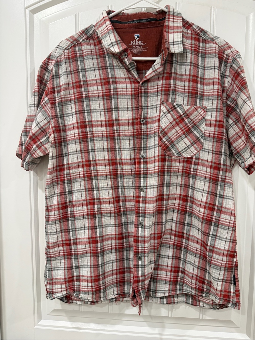 EUC KUHL Men’s Red Plaid Short-Sleeve Button-Up Shirt Organic Cotton